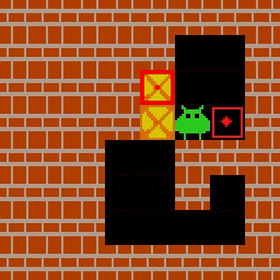 Nearer box first: one push puts it on the goal below it, in the corridor; the farther box, pushed toward the other goal, is stopped by it.